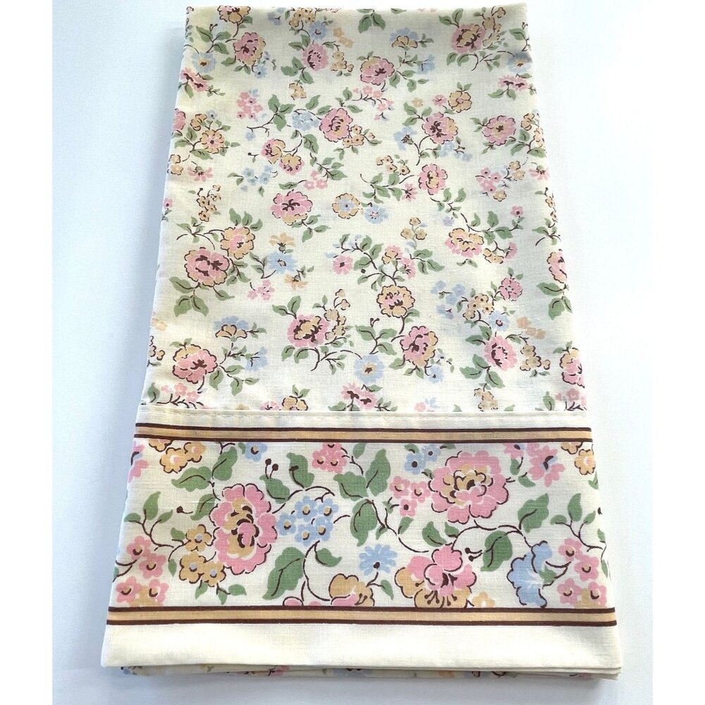 Vintage 1980s pillowcase, beige, pink pastel floral, single pillow sham
